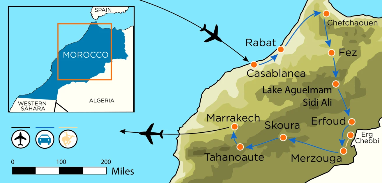 Map of Morocco highlighting cities including Rabat, Marrakesh, Fez, and Merzouga, with key landmarks and neighboring countries Spain, Algeria, and Western Sahara shown.