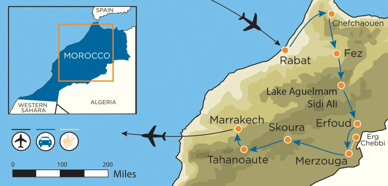 Map of Morocco highlighting major cities and travel routes, including Marrakech, Skoura, Erfoud, and Merzouga near the Erg Chebbi desert. Neighboring countries are also labeled.