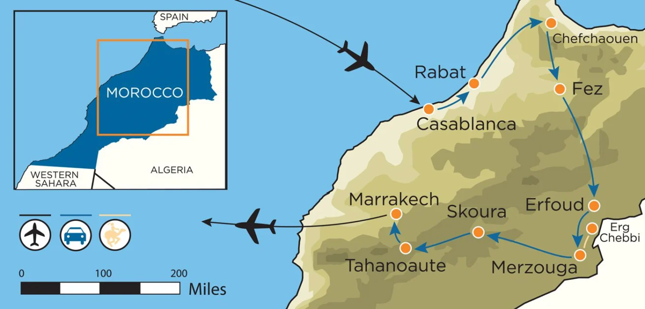 Map of Morocco showing major cities, airports, and desert destinations. Icons indicate flight paths and desert tours from cities like Marrakech, Fez, and Ouarzazate to Merzouga and Erg Chebbi.