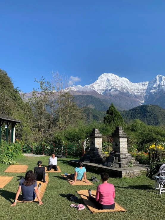 A group practices yoga on mats in a grassy area with a mountain view.