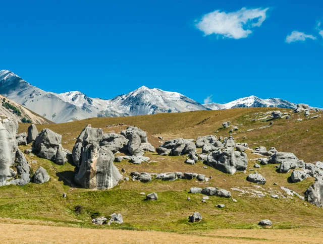 Rocky landscape with scattered boulders on grassy terrain, set against distant snow-capped mountains under a clear blue sky.