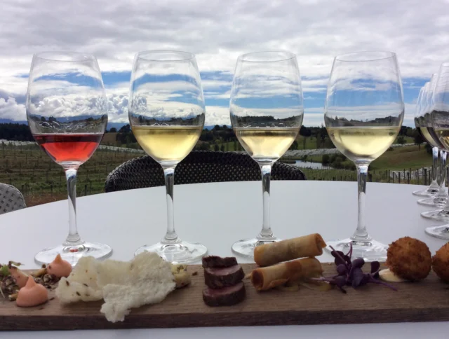 Five wine glasses on a table with a vineyard background, paired with a wooden board of appetizers, including spring rolls, sliced meat, and crispy bites.