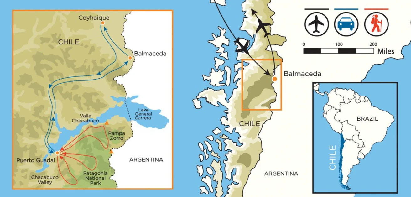 Map illustrating travel routes in southern Chile, with flight, bus, and car paths. Highlights Coyhaique, Balmaceda, Puerto Guadal, Patagonia National Park. Inset shows location in South America.