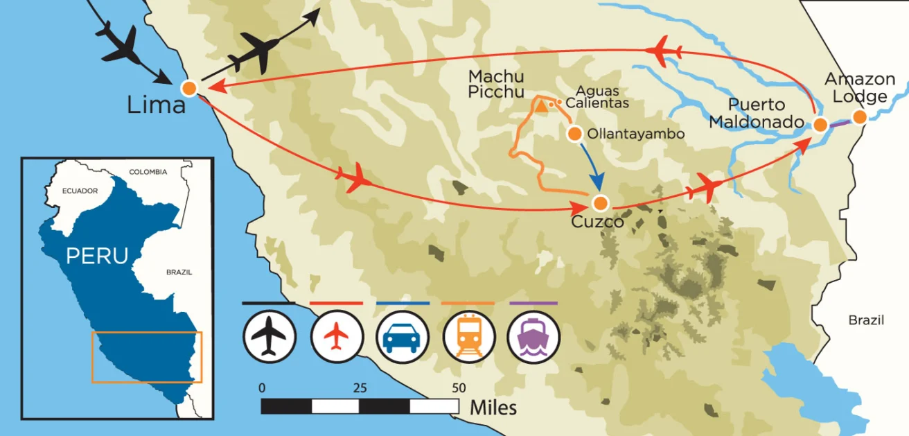 Map of Peru showing travel routes by plane, bus, train, and boat between Lima, Cuzco, Machu Picchu, Aguas Calientes, Ollantaytambo, Puerto Maldonado, and the Amazon Lodge.