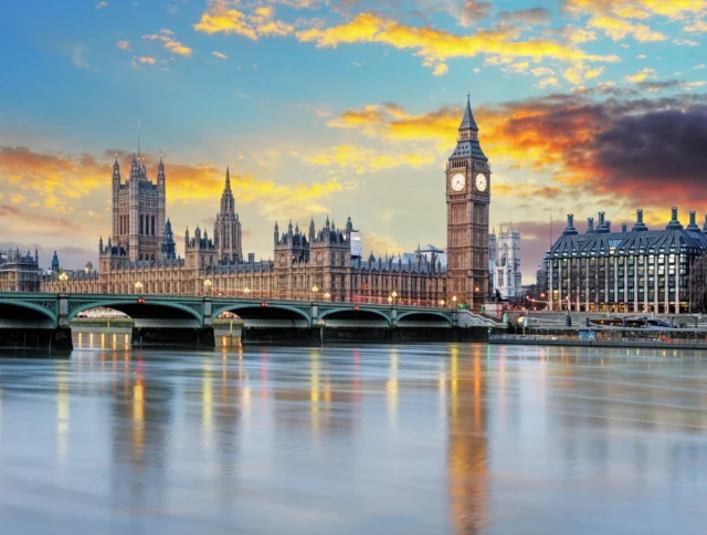 A view of London at sunset.