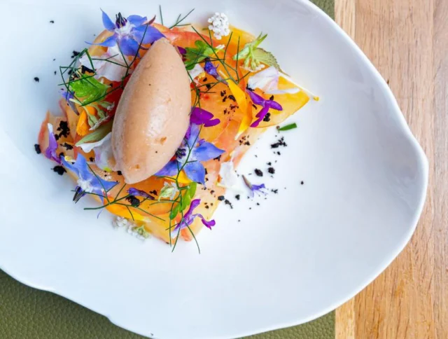 A dessert presented on a white plate with vibrant flowers, herbs, thin fruit slices, and a scoop of sorbet. The plate rests on a green and wooden surface.