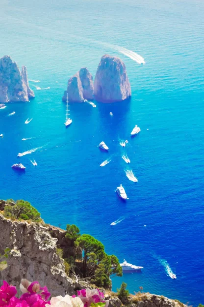 View of blue sea with rocky formations and boats, surrounded by cliffs and vibrant pink flowers in the foreground.