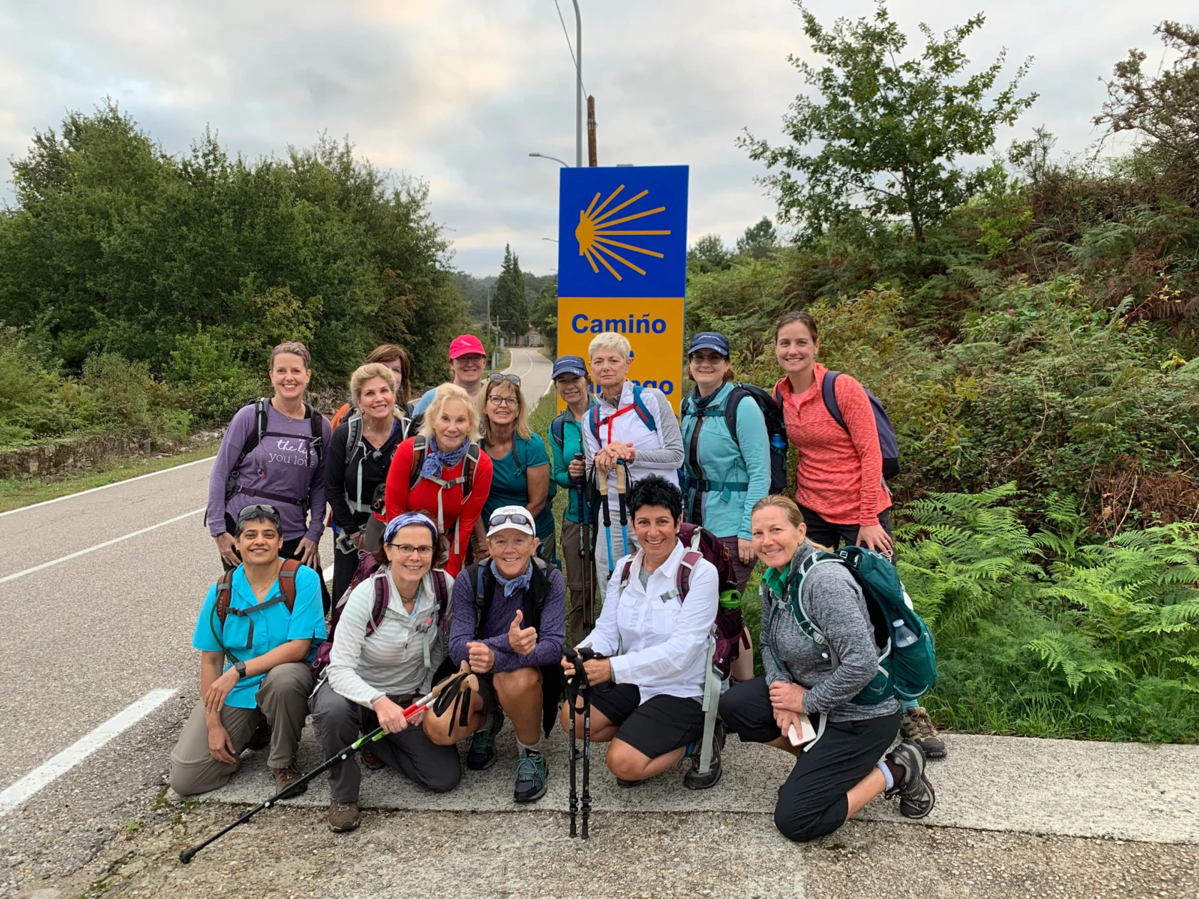 A group of fifteen hikers with backpacks and trekking poles posed on a roadside near a "Camiño" sign, surrounded by greenery.