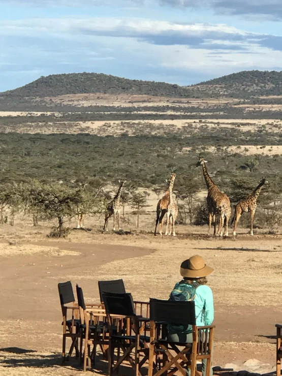 Person sitting in a chair observing a group of giraffes in a dry, open savanna landscape with distant hills under a partly cloudy sky.