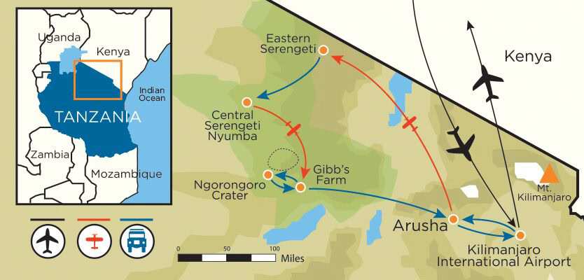 Map showing routes and destinations in Tanzania, including Kilimanjaro International Airport, Arusha, Gibb’s Farm, and various Serengeti locations. Transport modes include plane, car, and bus.