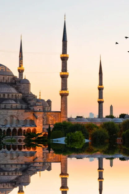 The Blue Mosque at sunset with birds flying in the sky, reflected in tranquil water, surrounded by greenery.