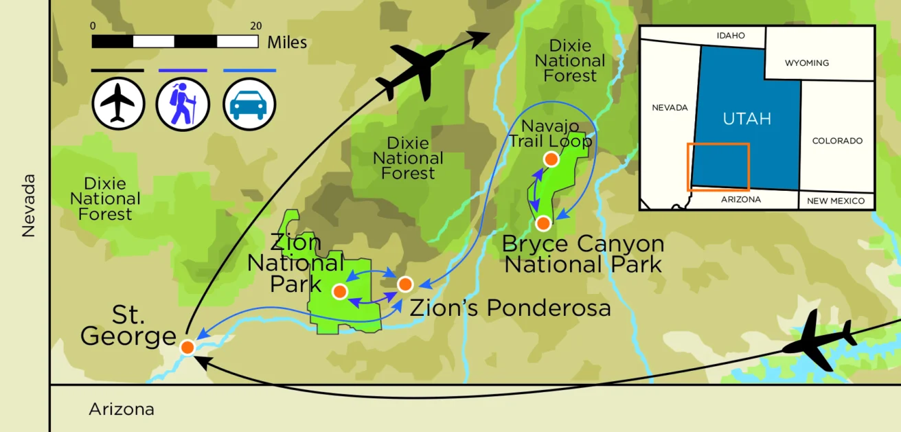Map showing travel routes between St. George, Zion National Park, Bryce Canyon National Park, and Zion’s Ponderosa in Utah, with icons for transportation and an inset map of Utah’s location in the U.S.
