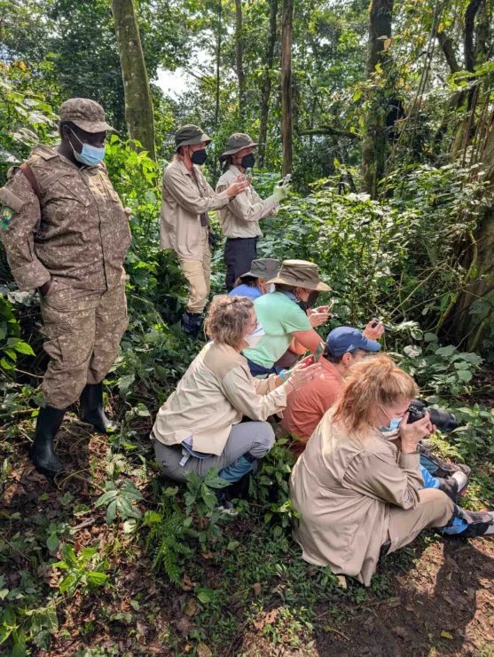 A group of people in protective clothing and masks observe wildlife in a dense forest setting.