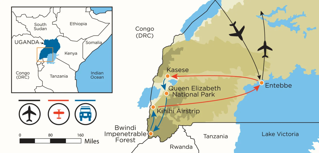 A map of Uganda reflecting the Gorilla and Chimpanzee Trekking trip.