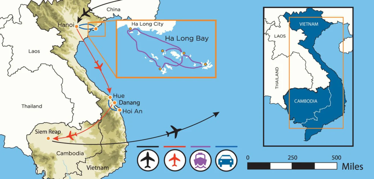 Map illustrating travel routes in Vietnam and Cambodia, highlighting cities like Hanoi, Ha Long Bay, Hue, Danang, Hoi An, and Siem Reap. Includes transportation icons for plane, bus, and car.