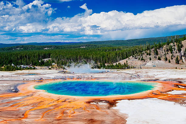 The image shows the Grand Prismatic Spring at Yellowstone National Park, featuring vibrant blue, green, and orange colors, with surrounding forest and clouds in the background.