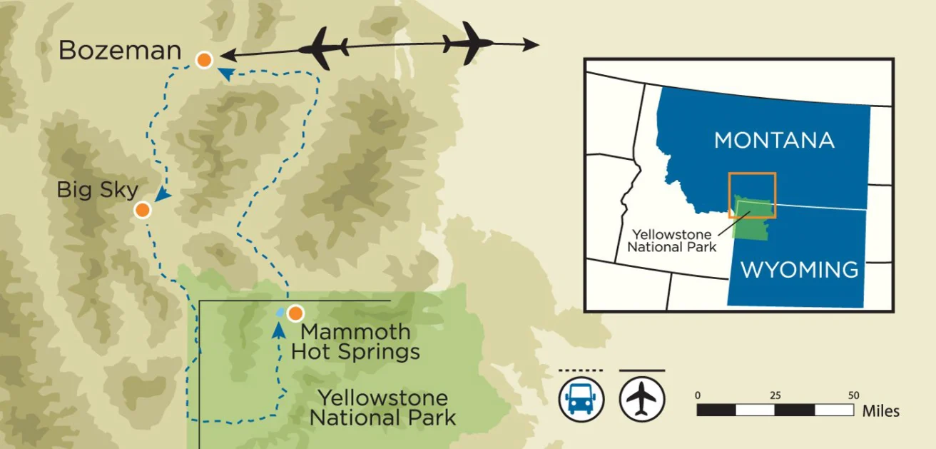 Map showing the route from Bozeman to Mammoth Hot Springs in Yellowstone National Park, Montana and Wyoming, with location markers and transportation icons.