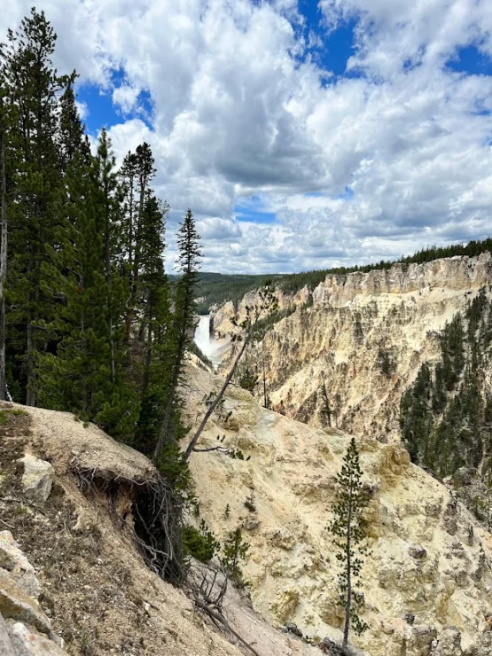 View of a canyon with a waterfall in the distance, surrounded by pine trees and rocky cliffs under a cloudy sky.