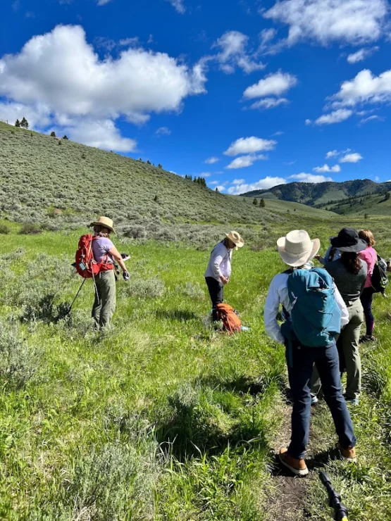 A group of people wearing backpacks and hats standing on a grassy trail in a hilly landscape under a partly cloudy sky.