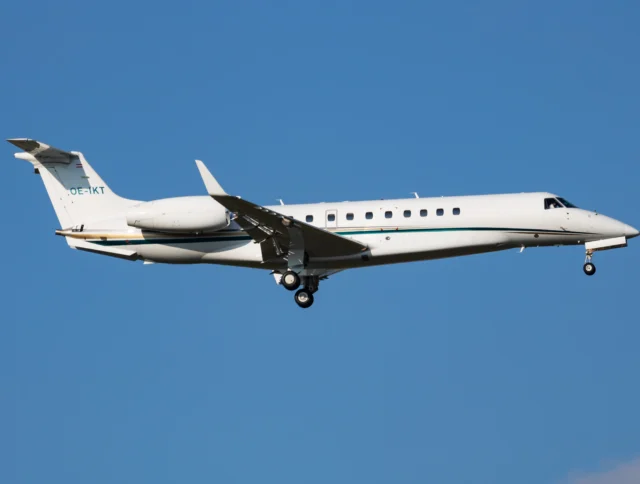 International Jet Management Embraer ERJ-135 Legacy 600 OE-IKT passenger plane arrival and landing at Vienna Airport