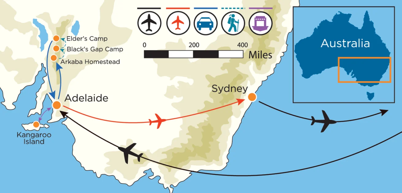 Map showing travel routes from Kangaroo Island to Sydney and Adelaide, with options for air, car, and ferry. Insets include a scale and a map of Australia highlighting the region.