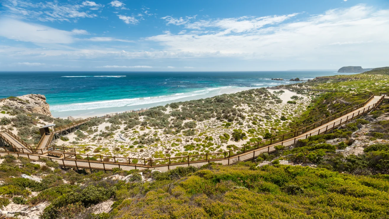 A wooden boardwalk leads through a sandy coastal landscape with low vegetation towards a blue ocean under a partly cloudy sky.