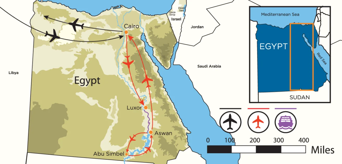 Illustrated map of Egypt showing air and river travel routes between Cairo, Luxor, Aswan, and Abu Simbel. Insets highlight Egypt's location and provide a scale in miles.