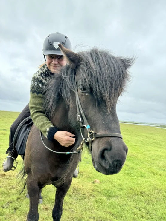 Person riding a black horse on a grassy field, wearing a helmet and sunglasses.