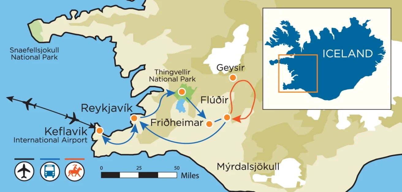 Map of Iceland showing main routes and points of interest including Reykjavik, Keflavik Airport, Friðheimar, Thingvellir National Park, and Geysir.