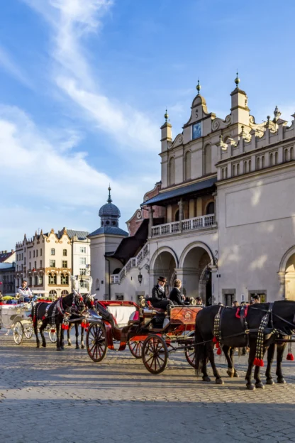 Horse-drawn carriages line a cobblestone square in front of historical buildings under a clear blue sky.