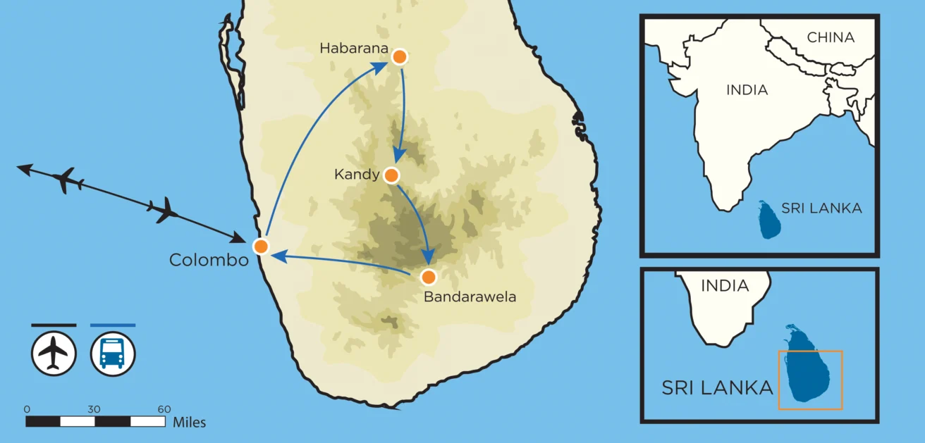 Map of Sri Lanka showing travel routes from Colombo to Habarana, Kandy, and Bandarawela. Includes insets of Sri Lanka's location relative to India and China.