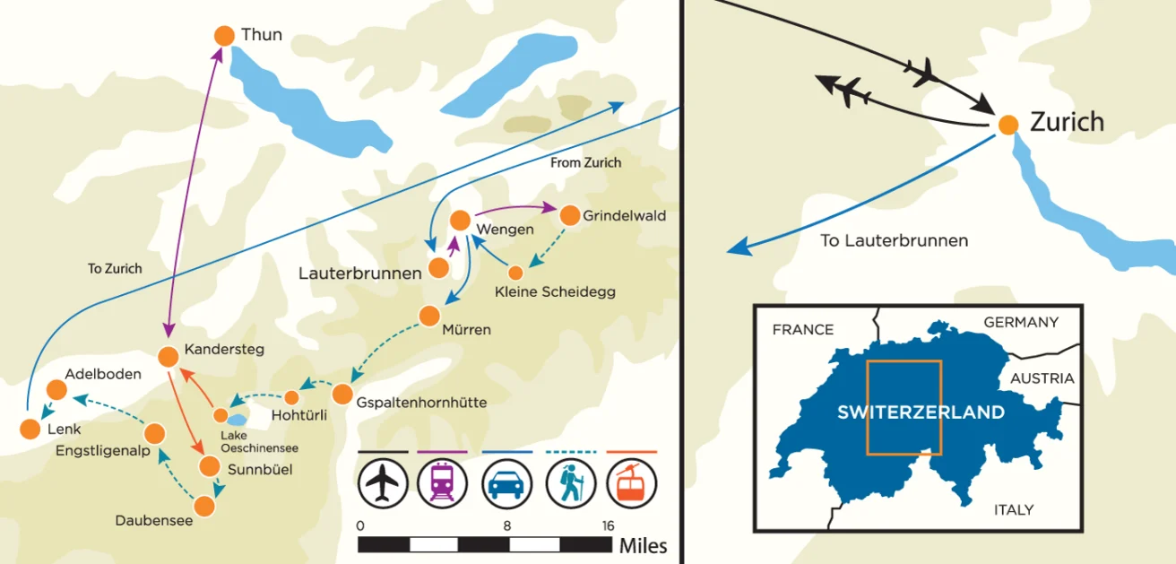 Map showing travel routes from Zurich to Lauterbrunnen in Switzerland, with transport options and distances between tourist locations. Includes a zoomed-in Switzerland map indicating the overall region.