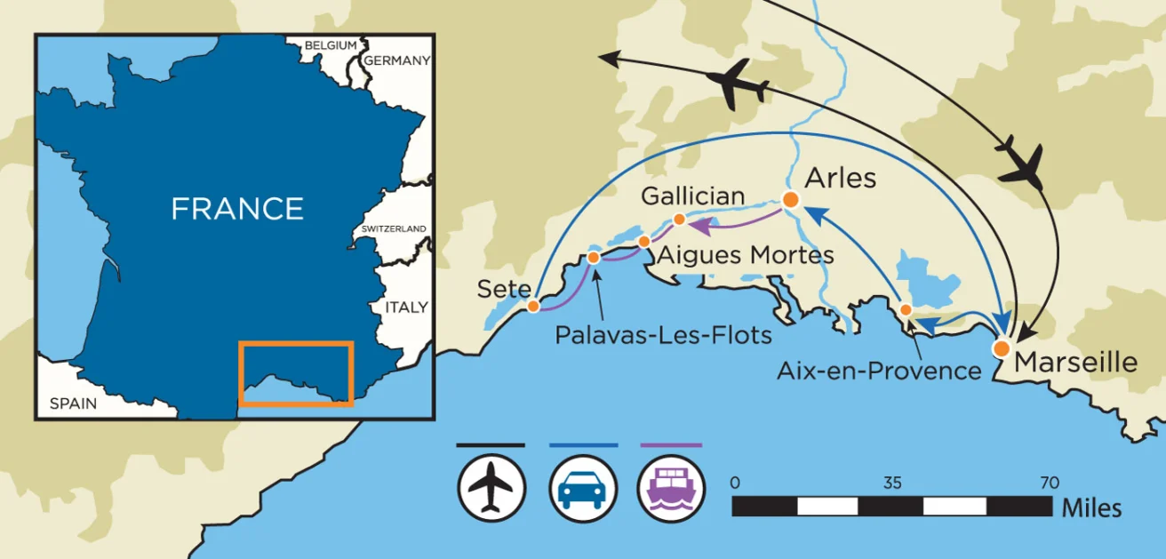 Map of southern France featuring cities like Marseille and Aix-en-Provence. Includes travel routes by plane, train, and bus. Inset shows France's location in Europe. Scale: 0-70 miles.