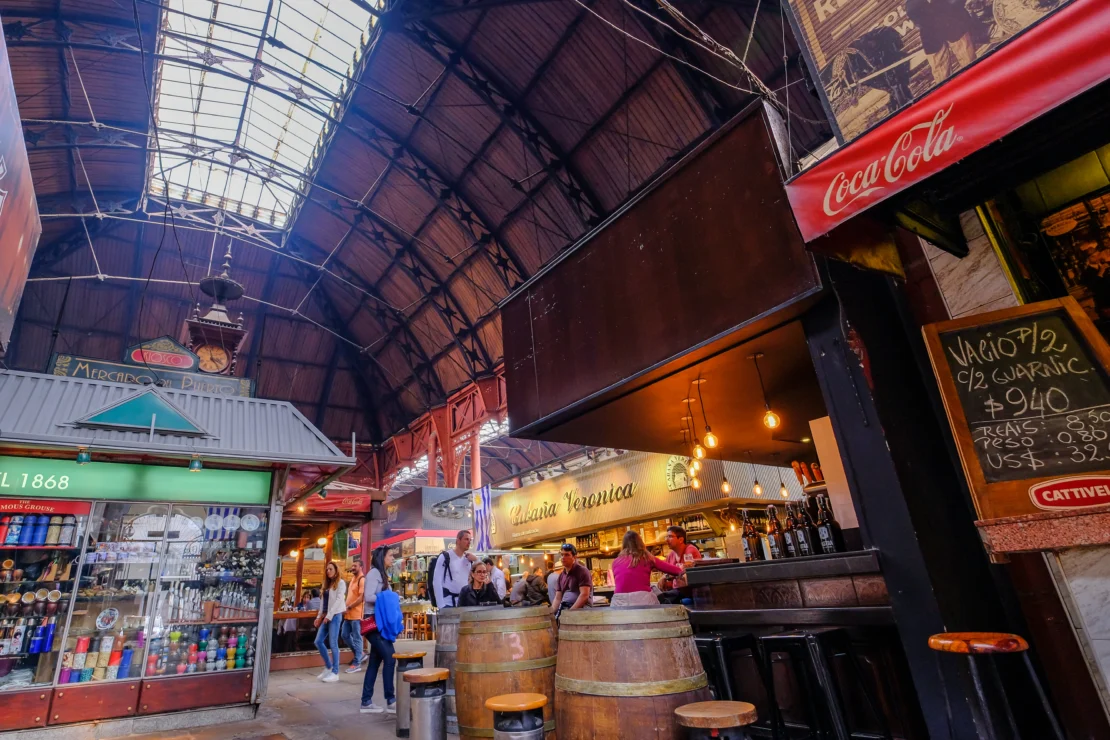 Famous old town Montevideo port market, mercado del puerto with its restaurants