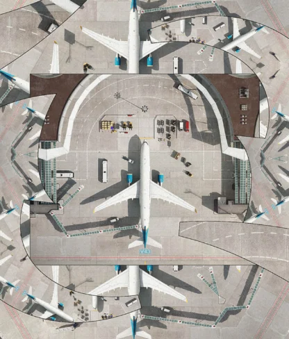 Aerial view of an airport with multiple airplanes docked at gates, surrounded by ground service vehicles and staff.