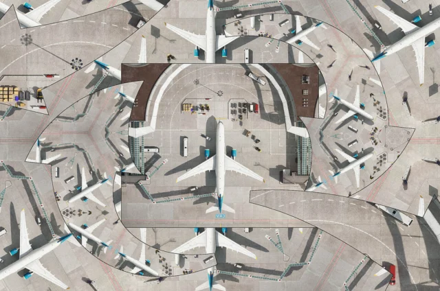 Aerial view of an airport with multiple airplanes docked at gates, surrounded by ground service vehicles and staff.