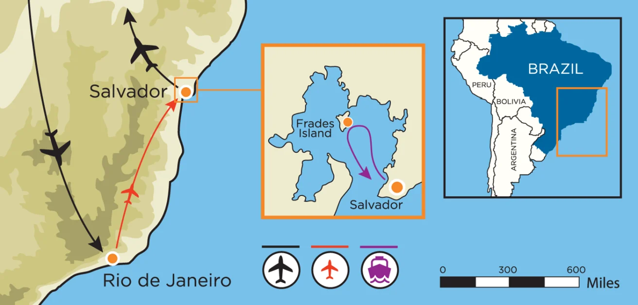 Map showing a flight route between Rio de Janeiro and Salvador, Brazil, with an inset of Frades Island. Icons represent plane and ferry transport. Includes a South America locator map.