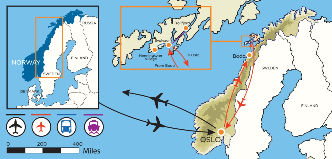 Map of Norway showing travel routes from Oslo to Bodo by plane, then to Svolvaer, Henningsvaer Village, and Trollfjord by plane, ferry, and bus, with insets of Norway and Lofoten Islands.