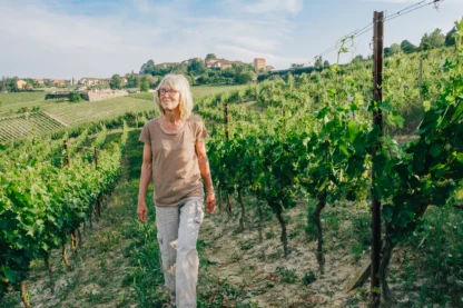 A person walks through a lush vineyard on a sunny day, with a small village visible in the background.