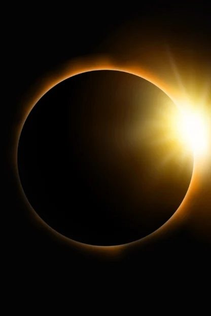 A solar eclipse with the sun's corona glowing behind the moon, creating a bright, radiant effect.