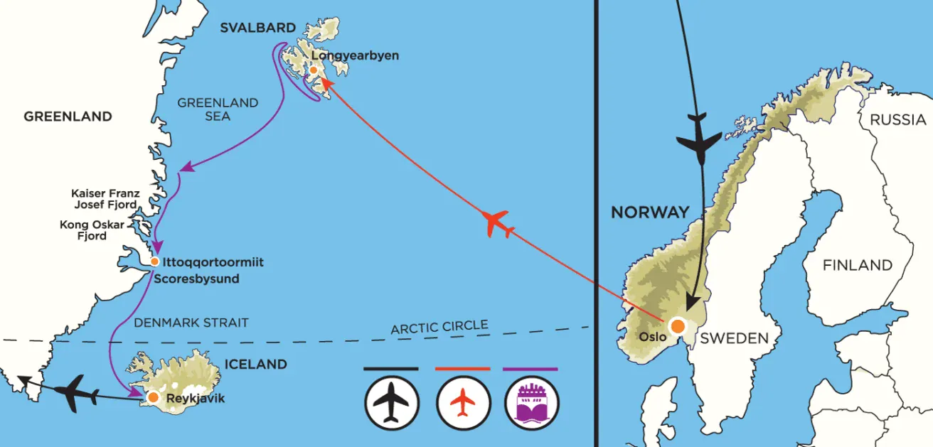 Map showing flight routes from Oslo to Longyearbyen, and from Reykjavik to Ittoqqortoormiit, with icons for airplane and ship travel across Norway, Iceland, Greenland, and Svalbard.