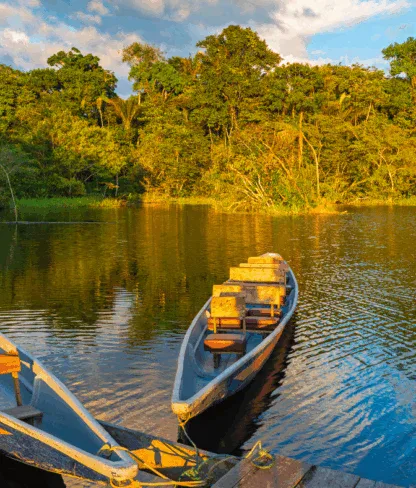 Two wooden boats are tied to a dock on a calm river, with dense green trees and sunlight reflecting on the water in the background.
