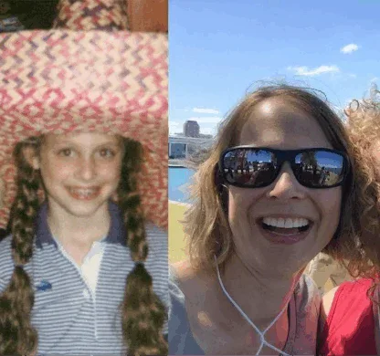 A split image shows two girls in large sombreros on the left and two women smiling outdoors near water and a city skyline on the right.