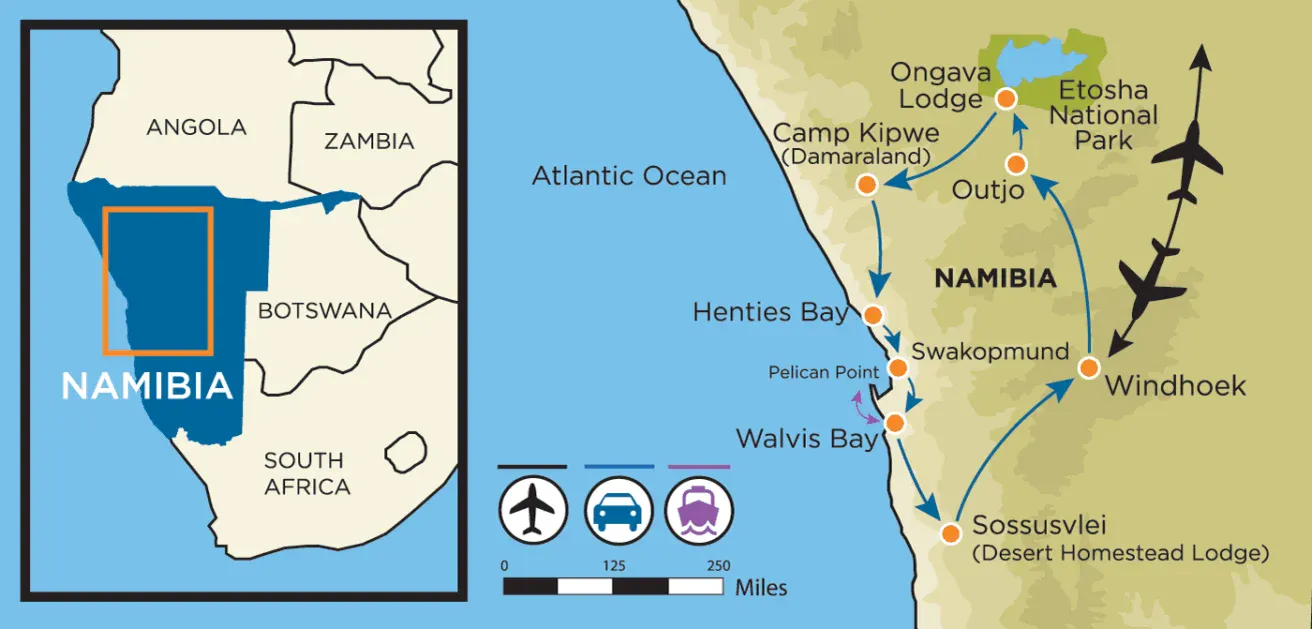 A map of Namibia highlights a travel route from Windhoek to Sossusvlei, Walvis Bay, Swakopmund, Outjo, and Etosha National Park, marked by plane, car, and boat icons.