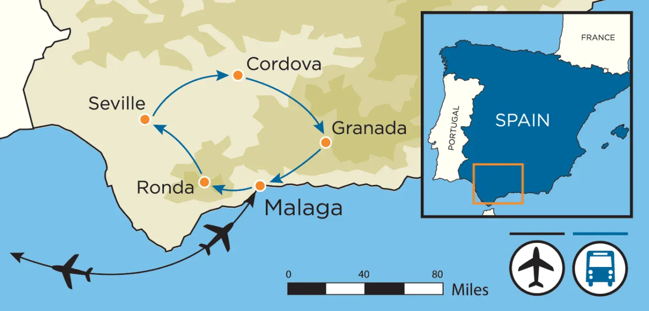A map of southern Spain showing a circular travel route connecting Seville, Cordova, Granada, Ronda, and Malaga, with airplane icons indicating arrival and departure.