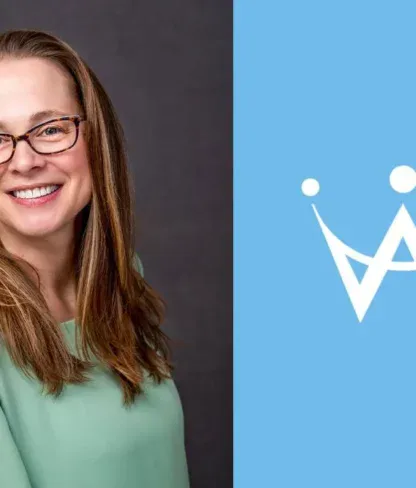 A woman with long, light brown hair and glasses smiles at the camera, wearing a light green top. Beside her is a blue background with a white abstract crown logo.