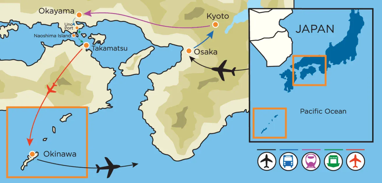 A map of Japan highlighting train and plane routes between Okayama, Kyoto, Osaka, Takamatsu, and Okinawa, with icons for transportation modes and an inset map for location context.