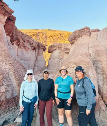 Four people dressed in outdoor clothing stand together in a rocky canyon with sunlight illuminating the background.
