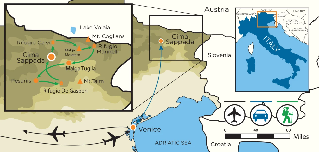 Map showing hiking routes through Cima Sappada in northern Italy, with nearby huts, trails, and transport links from Venice; includes insets of Italy and regional area.