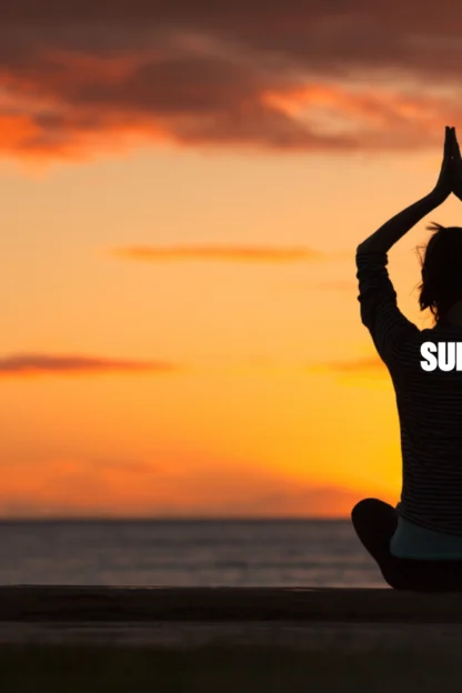 A person sits cross-legged facing the ocean at sunset, hands together above their head. The words "SUPER AGE" are overlaid on their torso.